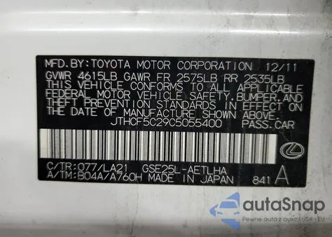 2012 Lexus Is 250 z USA, uszkodzony, nr VIN JTHCF5C29C5055400